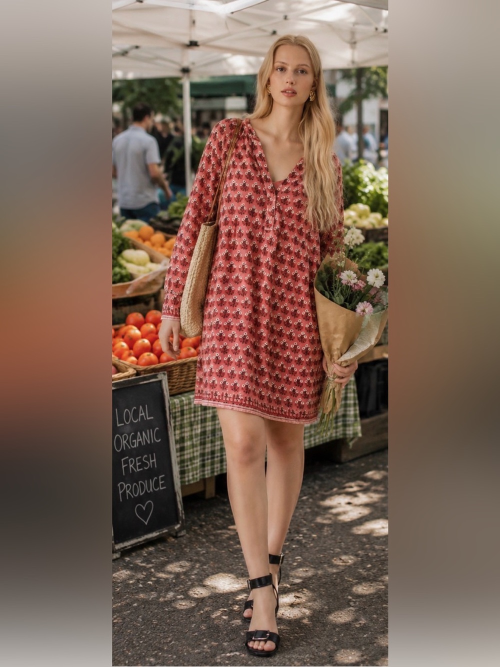 J. Crew Red Floral Long-Sleeve V-Neck Dress